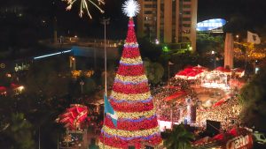 Arbol Gallo Cerveceria Guatemala City 145 foot tall light show Christmas tree