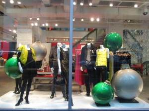 Green & Silver Painted Ball Ornaments - DKNY Window