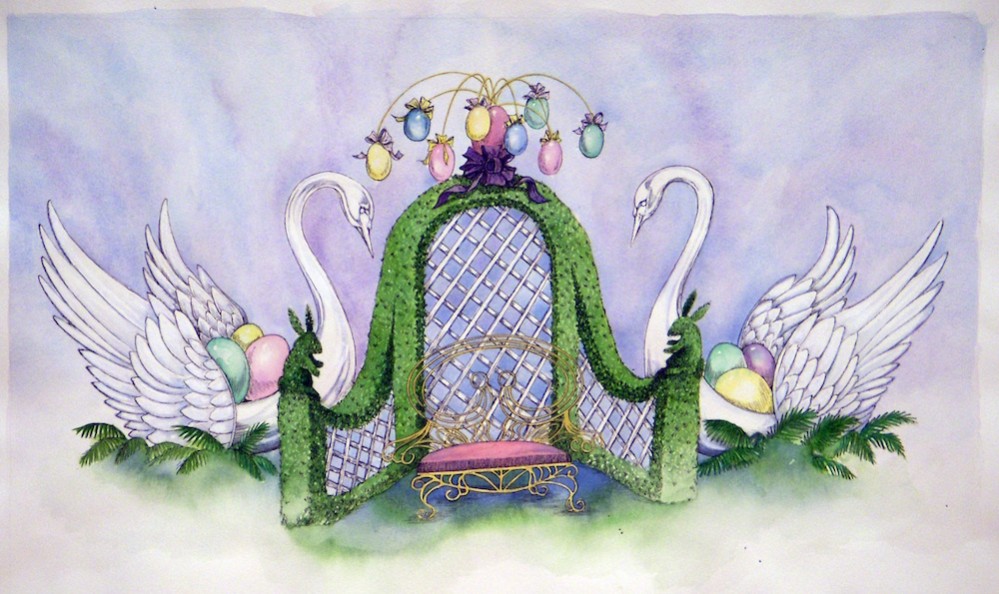 Topiary lattice fence and egg chandelier with spring swans filled with eggs