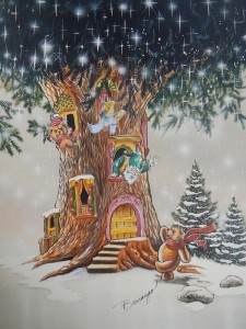 Forest tree house tree trunk with animated elves artwork