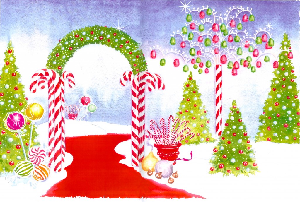 Candy Land items artwork with candy canes and gum drop tree