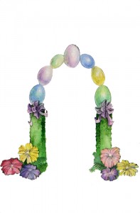 easter egg archway with topiary pedestals