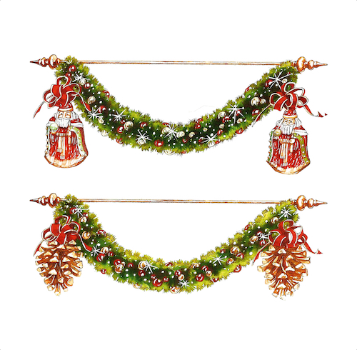 Barrango artwork of Christmas garlands on pole units with different ornaments