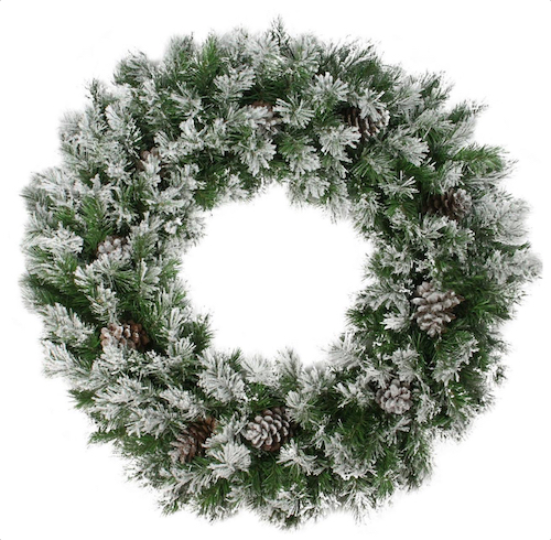 flocked mountain pine Christmas wreath with pinecones