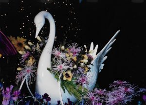 Spring swan sleigh filled with silk flowers Easter Display