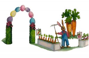 Easter rabbit tending to garden giant carrots and Easter egg archway