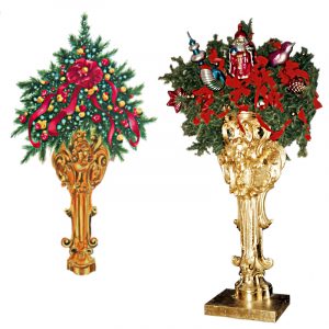 Cherub Corbels in gold leaf and filled with Christmas Greenery and ornaments