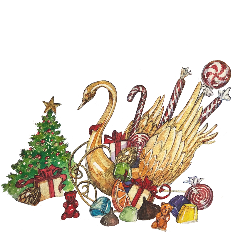 Swan sleigh filled with candy land items