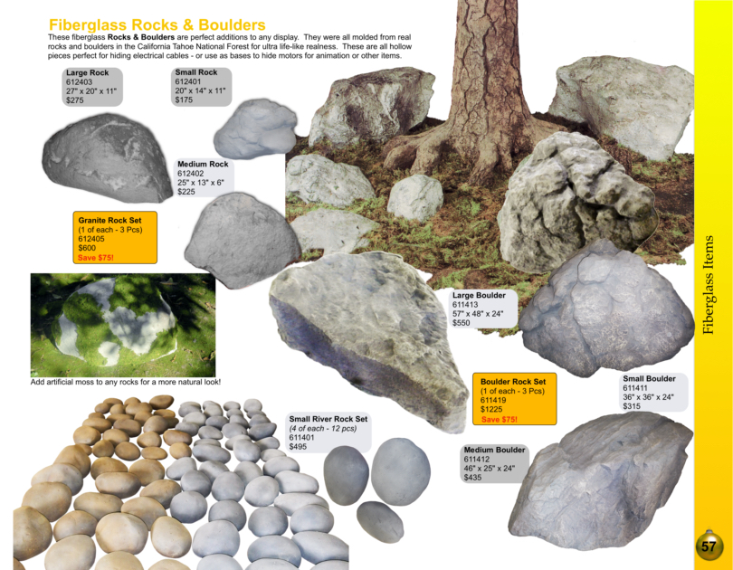 fiberglass rocks, river rocks and boulders catalog page
