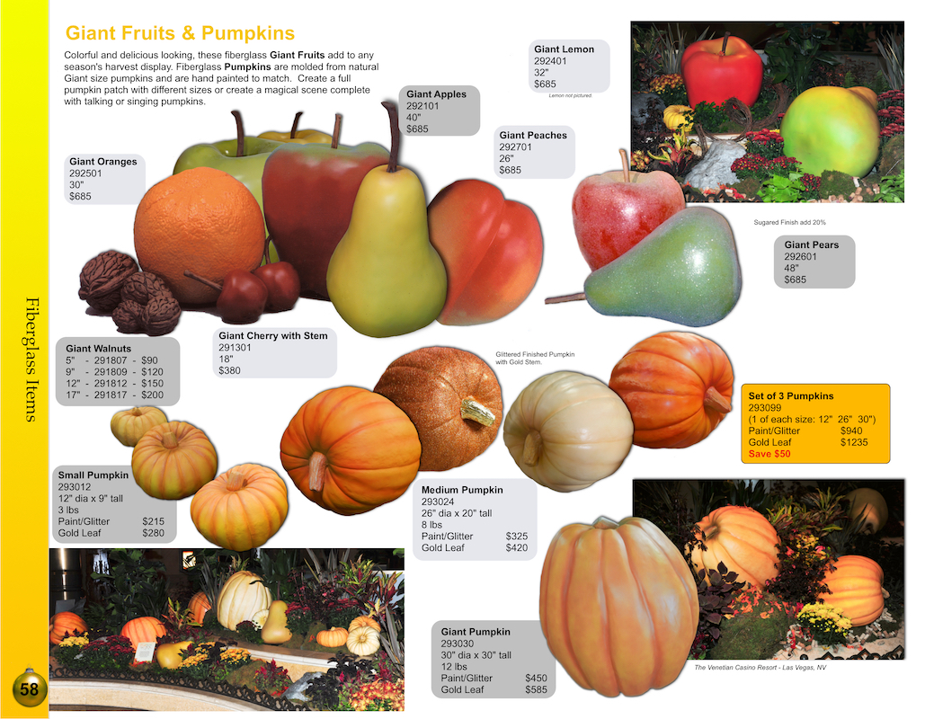 giant fiberglass fruits and pumpkins catalog page