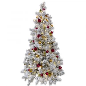 6 foot flocked Christmas tree with led lights and decor