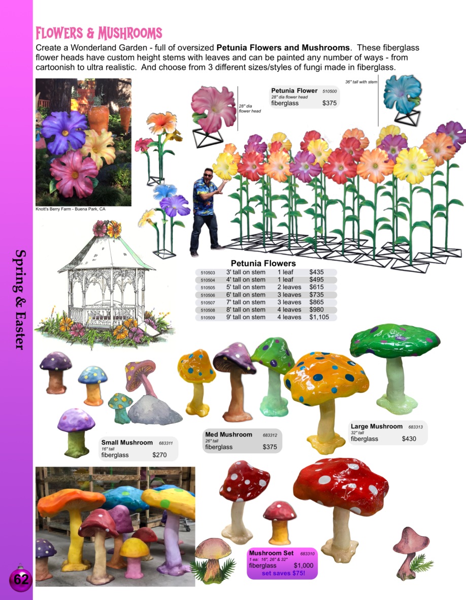 Barrango Catalog page 62 fiberglass petunias and mushrooms