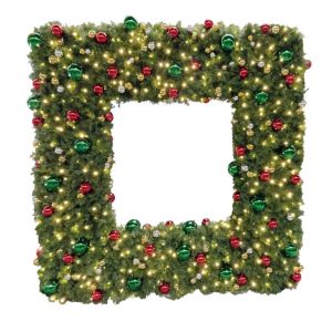 giant 96 inch square mountain pine holiday christmas wreath with LED lights and decor