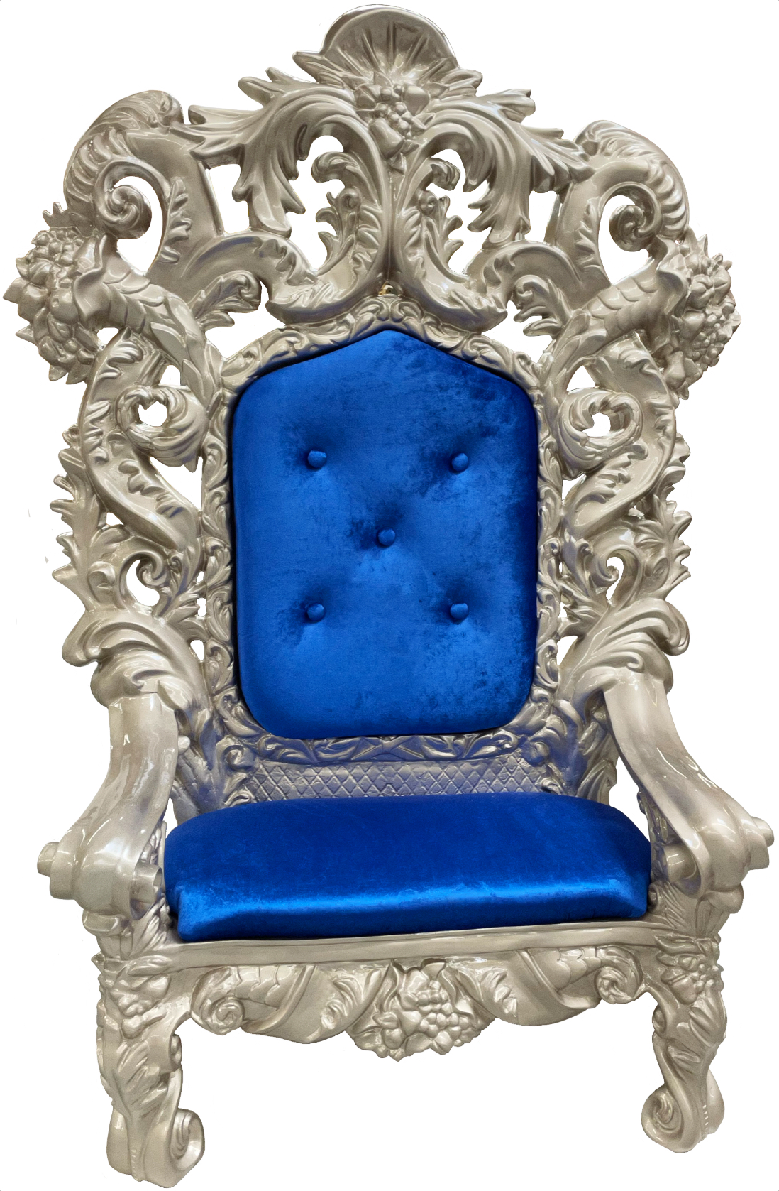Giant Fiberglass Santa Claus throne with Silver frame and blue velvet upholstery