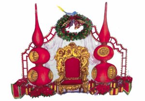 giant finial tree toppers used on floor display Santa set