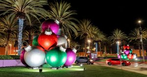 giant 84" Ball ornament Stacks in Southern California Mall entrance