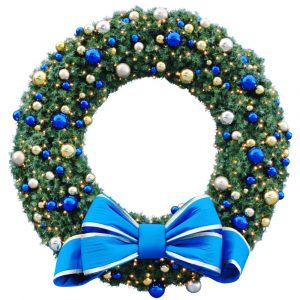 SF warriors 10 foot wreath with blue and gold decorations at Chase Center